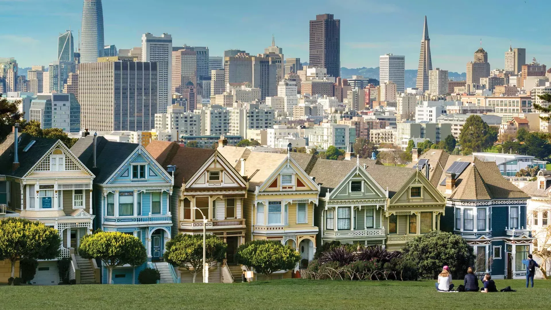 Os piqueniques sentam-se na grama do Alamo Square Park com as 画现在 e o horizonte de São Francisco ao fundo.